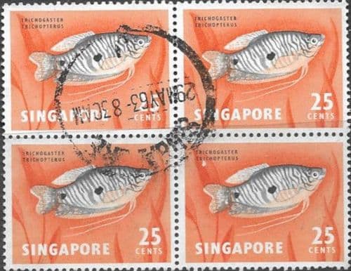 Singapore 1962 SG 72 Three-spotted Goramy Fish Fine Used Block of 4