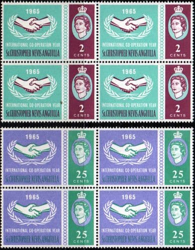 St Christopher Nevis Anguila 1965 International Co-operation Year Set Fine Mint Blocks of 4