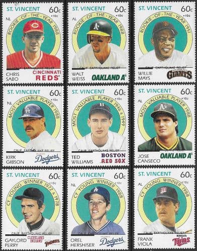 St Vincent 1989 California Earthquake Relief Fund. surch +10c CALIF. EARTHQUAKE RELIEFSet Fine Mint