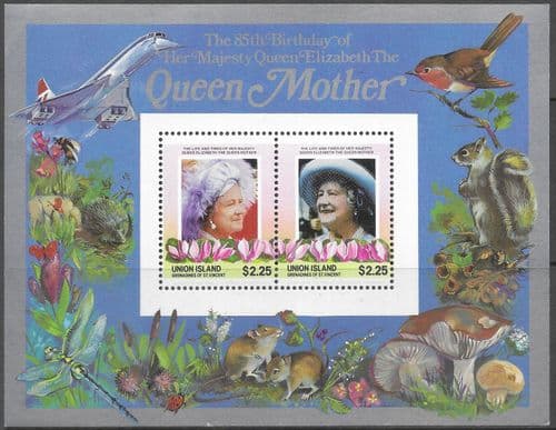 St Vincent Grenadines Union Island 1985 Queen Mother Life and Times $2.25 Miniature Sheet Fine Mint