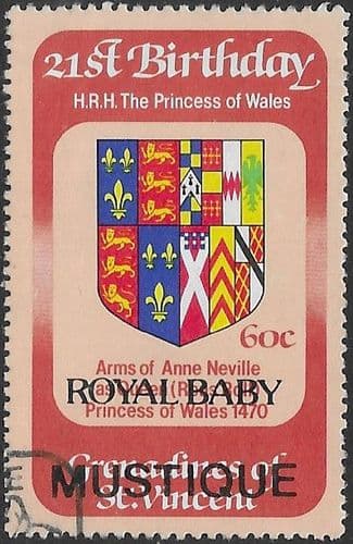 St Vincent Mustique Island 1982 Diana 21st Birthday ROYAL BABY Overprint SG  258 Fine Used