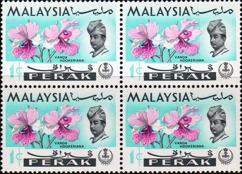 State of Perak 1965 Flowers Orchids SG 163 Fine Mint in Blocks of 4