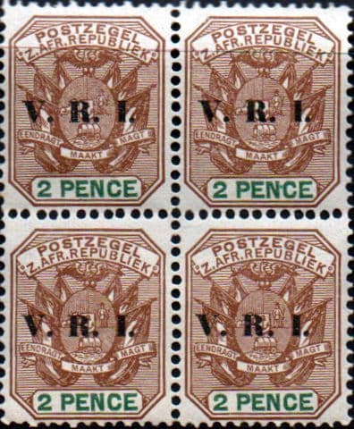 Transvaal 1900 SG 228 Coat of Arms with V.R.I. Overprint Fine Mint Block of 4