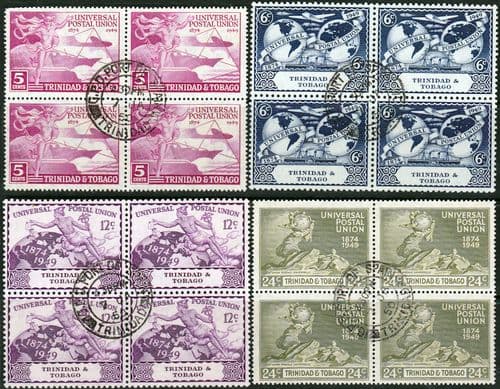 Trinidad and Tobago 1949 Universal Postal Union Set Fine Used in Blocks of 4