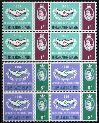 Turks Caicos Islands 1965 International Co-operation Year Set Fine Mint Blocks of 4