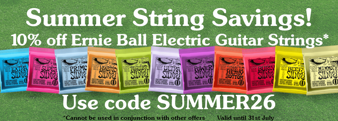 10% off Ernie Ball electric guitar strings using coe SUMMER26