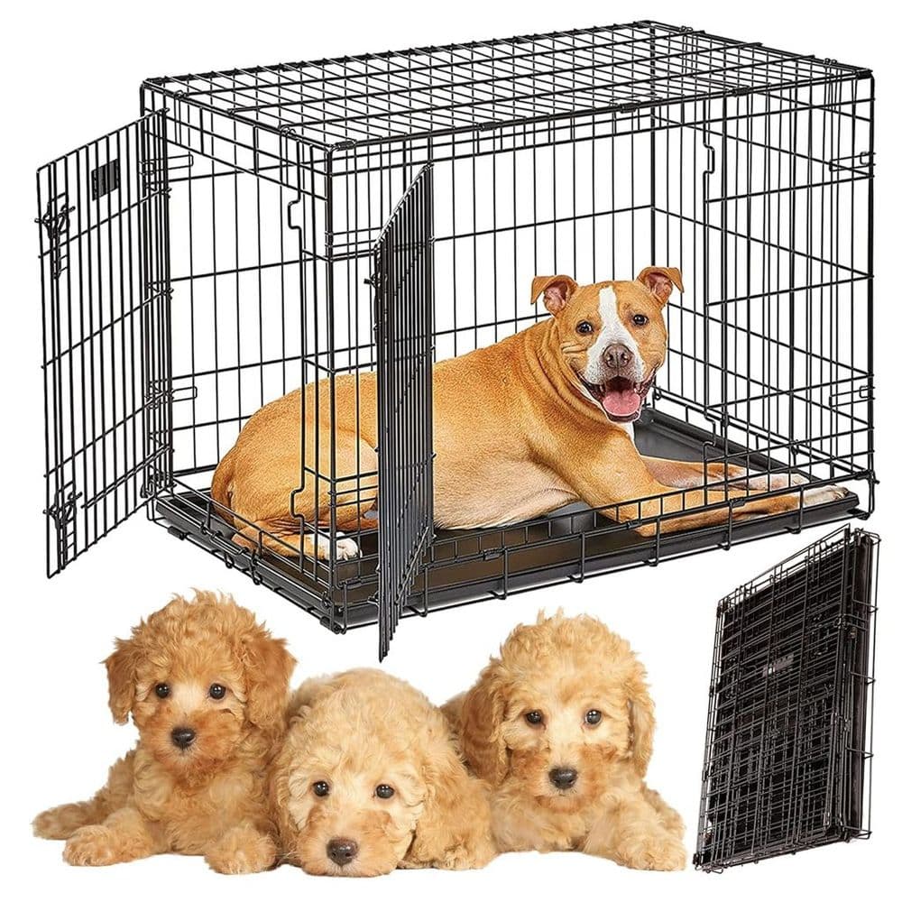 Door Folding Dog/Puppy Cage Carrier With Plastic Tray