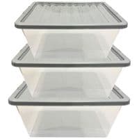 3 x 62L Stackable Clear Plastic Storage Boxes With Silver Lids