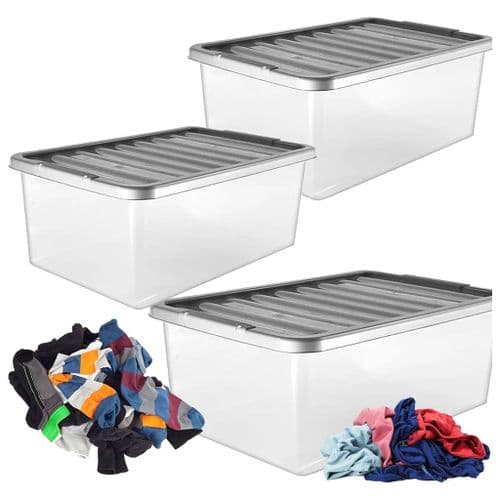 3 x Underbed Storage Containers 32 Litre With Silver Lids