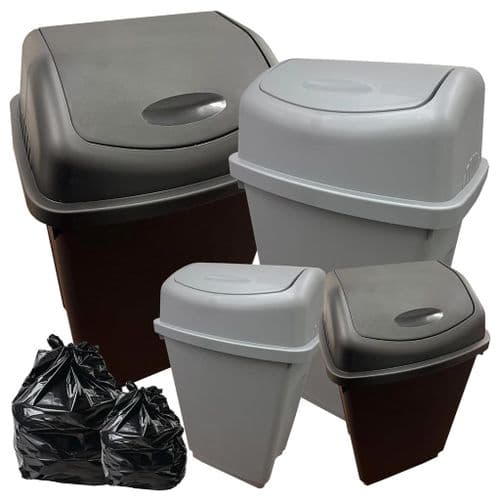Black Or Silver Home Kitchen Office Plastic Waste Bins With Swing Lids