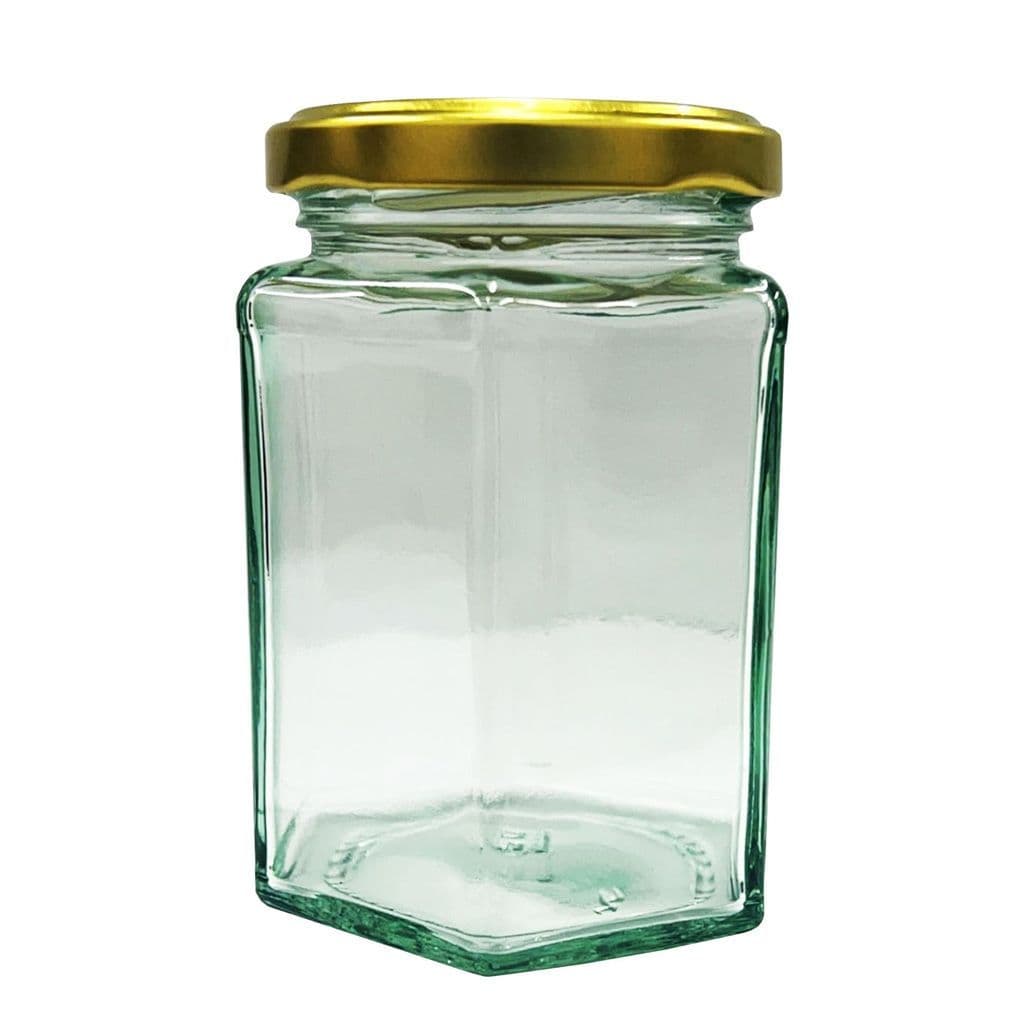 Hexagonal Clear Airtight Glass Jam Jars With Gold Twist Top Lids For