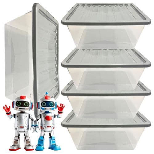 Pack of 5 Large 62 Litre Plastic Storage Boxes Complete With Silver Lids