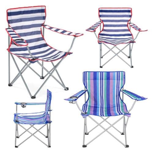 Striped Foldable Outdoor Garden Camping Chairs With Cup Holder & Arm Rest
