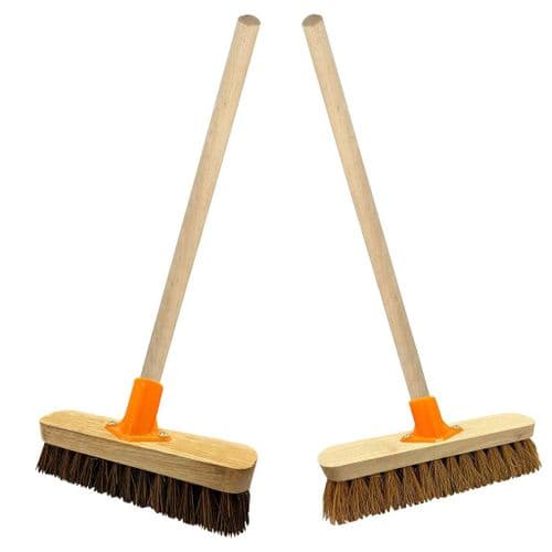 Traditional Wooden Sweeping Brushes Indoor/Outdoor With Handle 10" Coco & 12" Bassine With Support B