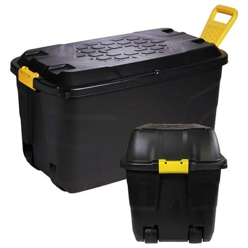 XL 110L & 145L Black Heavy Duty Robust Storage Trunks With Wheels & Handles