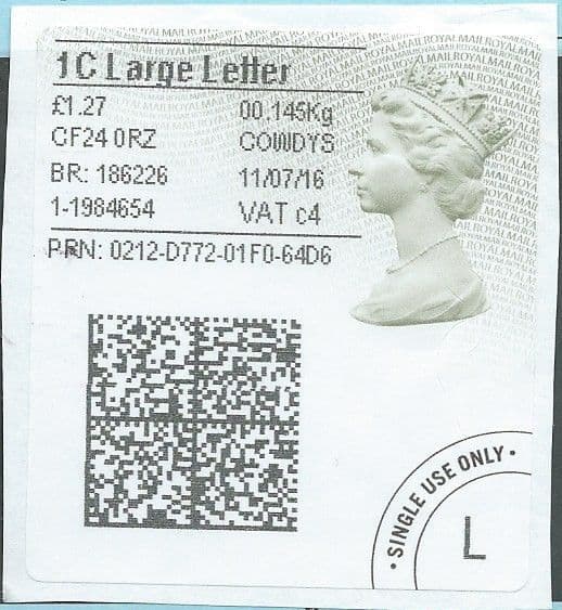 2016 1C LARGE LETTER ( c 4) TYPE 4b HORIZON LABEL ( 2D BARCODED)  (GREY/ GREEN VARIATION)  FINE USED