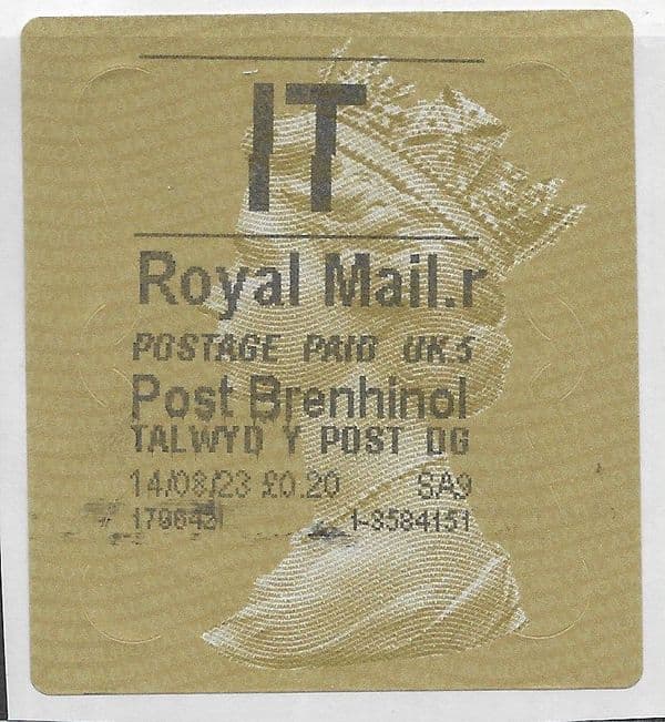 2023 I.T (r5) WELSH TYPE 4 PRINTING ON GOLD TYPE 2a LABEL (VERY LATE USE)