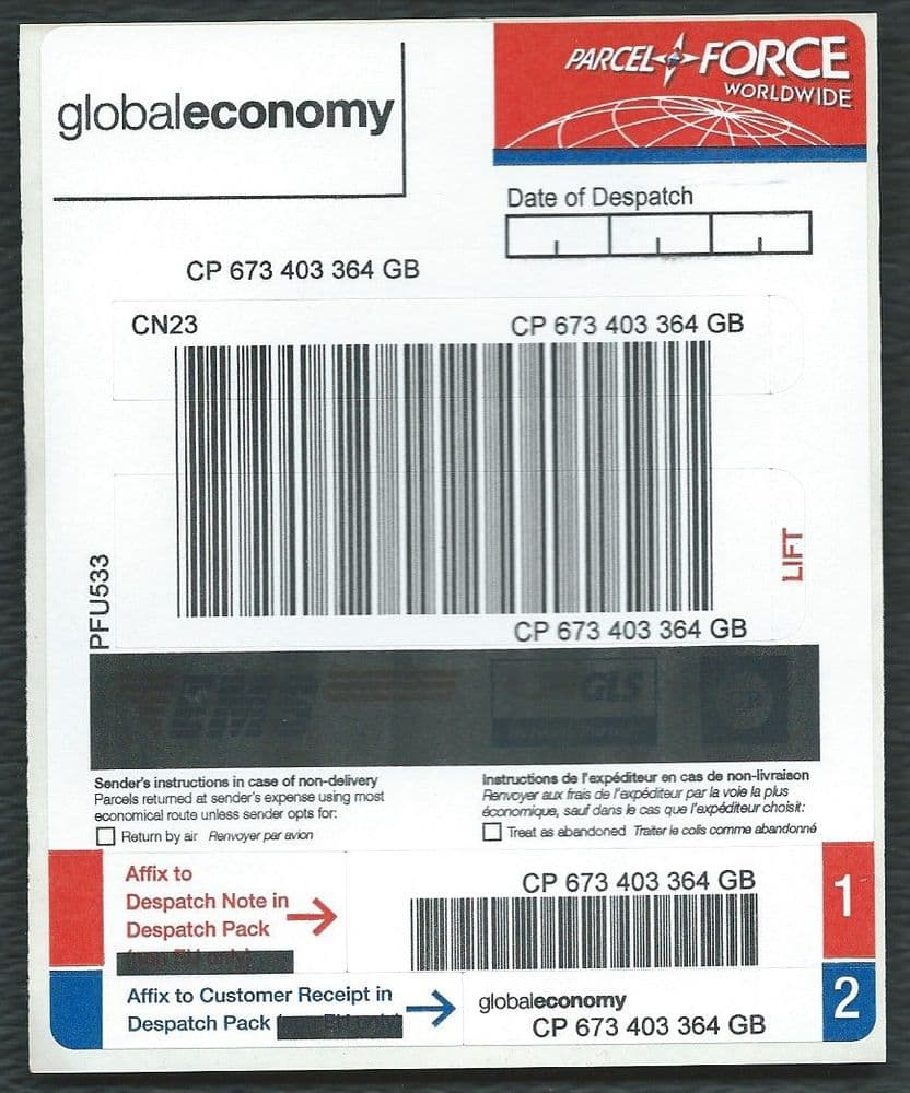 Parcelforce Express Label PARCELFORCE GLOBALECONOMY PFU533 OVPT OVER E M S GLS AND GB LOGO S