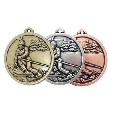 ANTIQUE SILVER 56mm HIgh Relief Skiing Medal 125.56.s Medal