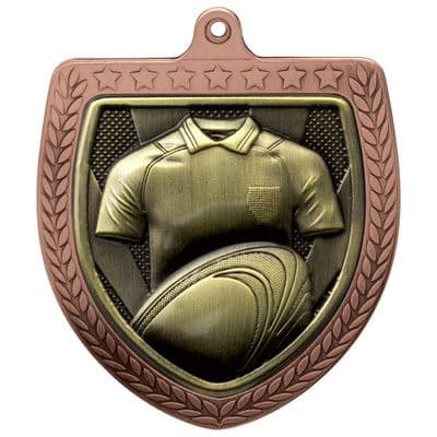 BRONZE Cobra Rugby Shirt & Ball Shield Medal Bronze 75mm