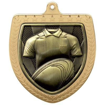 GOLD Cobra Rugby Shirt & Ball Shield Medal Gold 75mm