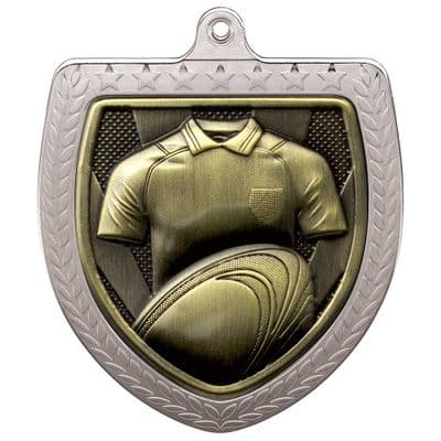 SILVER Cobra Rugby Shirt & Ball Shield Medal Silver 75mm