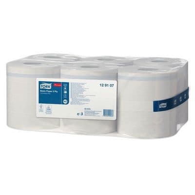 6 x Tork Basic Paper Centrefeed White Towel Rolls for M2 System 6x150m 2-PLY