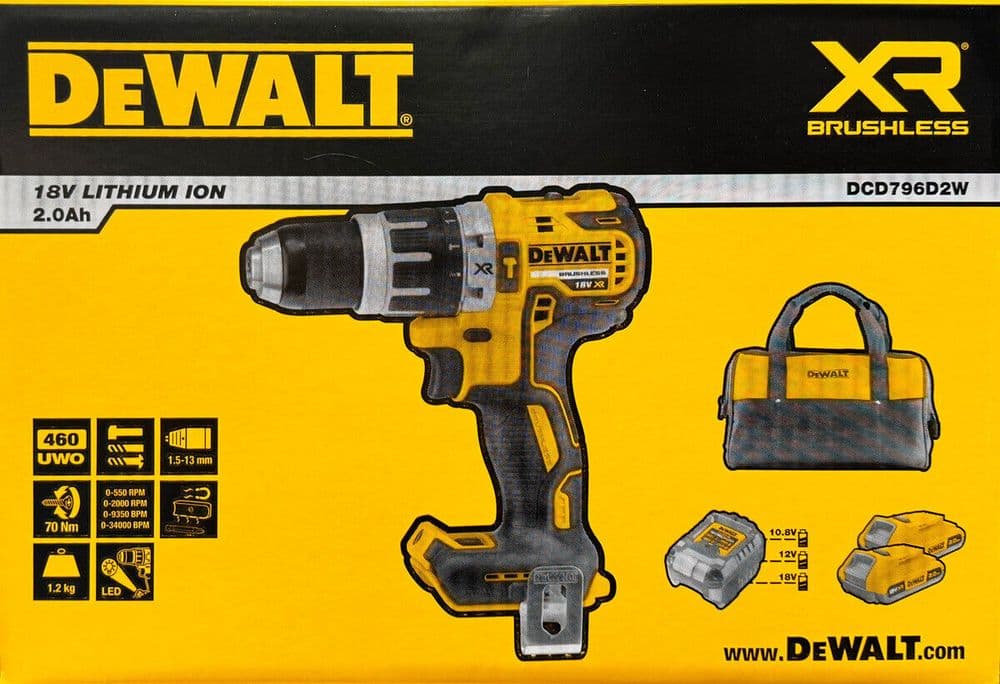 DEWALT 18V XR Li-Ion DCD796D2W Compact Hammer Drill Driver AH