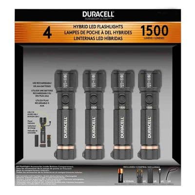 Duracell 1500 Lumen Hybrid LED Flashlight Set 4 Pack USB-C Rechargeable