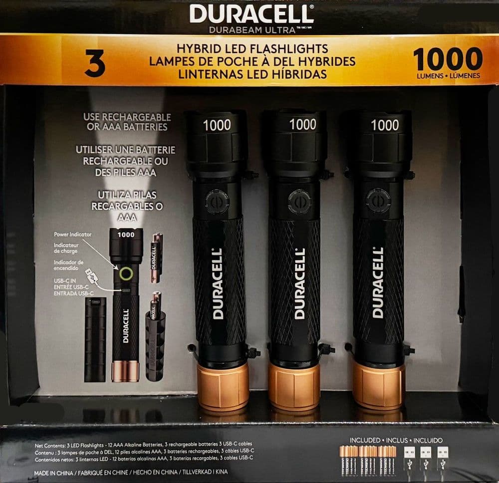 DURACELL Durabeam Ultra 3 Pack LED Flashlight Torch 1000 Lumens with ...