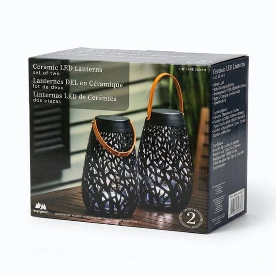 Evergreen Ceramic LED Lantern Black 2 Pack Rechargeable Colour Changing