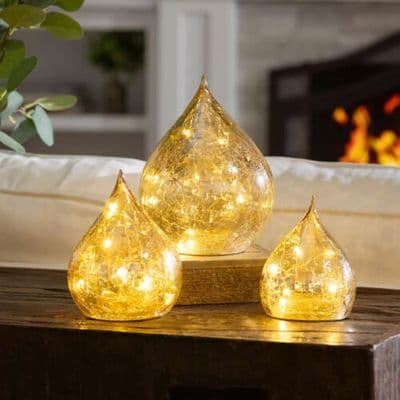 Evergreen Hand-Blown Crackle Glass LED Raindrop 3 Piece Set Home Decor