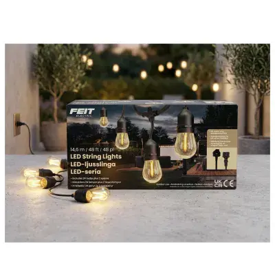 Feit 48ft (14.6m) Heavy Duty LED Waterproof String Lights Set + 26 Bulbs