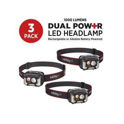 Infinity X1 LED Headlamps 1000 Lumens Rechargeable Dual Powered 3 Pack