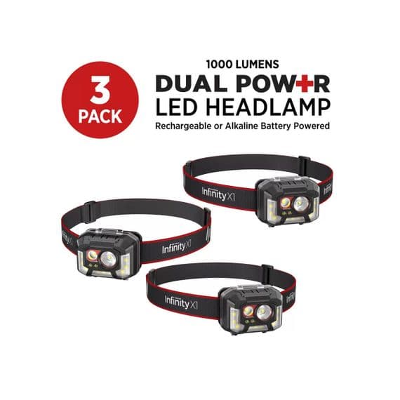 Infinity X1 LED Headlamps 1000 Lumens Rechargeable Dual Powered 3 Pack