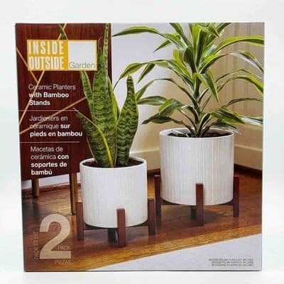 Inside Outside Ceramic Plant Pots with Bamboo Stands Set of 2 Planters