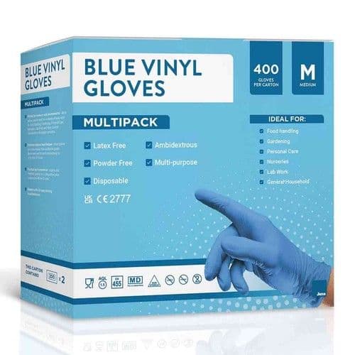 Jena Blue Disposable Vinyl Gloves 400 Pack Powder Free| Latex Free  Medium/Large