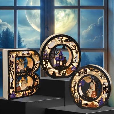 Light Up Wooden BOO Letters Set of 3 Warm LED Timer Halloween Decoration