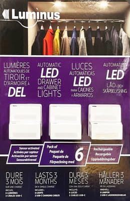 Luminus LED Drawer and Cabinet Lights Sensor Activated 6 Pack Rechargeable