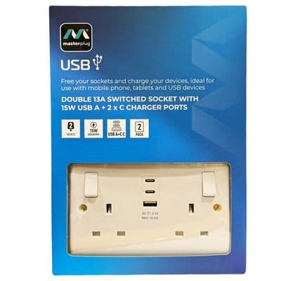 Masterplug Double 13A Switched Socket with 15W USB A + 2 x C Charger Port 2 Pack