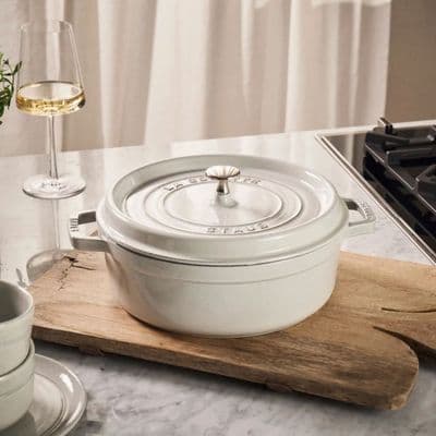 STAUB 26cm Shallow Cocotte Cast Iron Oven Safe White Truffle 3.7L