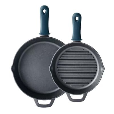 Tramontina 2 Piece Cast Iron Grill and Skillet Silicone Handles Oven Safe