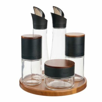 Trudeau Seasoning Station 6 Piece Salt Pepper Oil Set with Lazy Susan