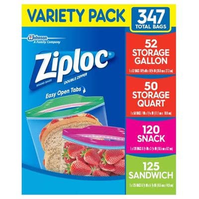 Ziploc Double Zipper Snack Sandwich Freezer Variety 347 Bags Food Quart Gallon