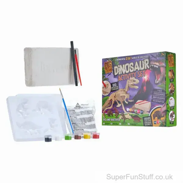 2 In 1 Dinosaur Play Set For Kids - Dino Dig & Paint | 21 Piece Activity Set