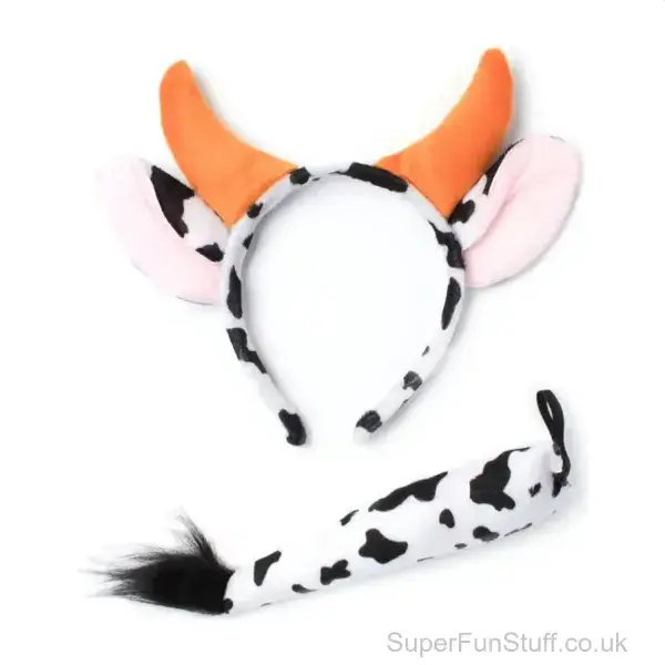Cow Ears & Horns Aliceband with Tail Fancy Dress Set | Farm Animal Costume Accessories