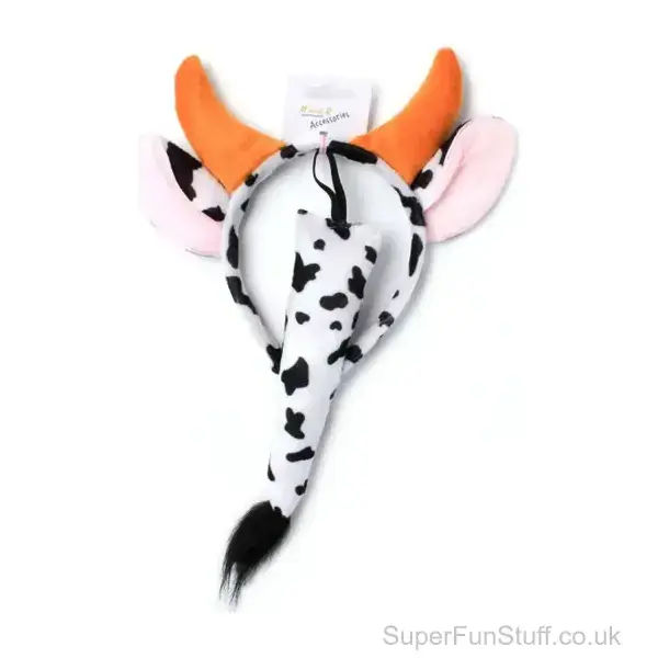 Cow Ears & Horns Aliceband with Tail Fancy Dress Set | Farm Animal Costume Accessories