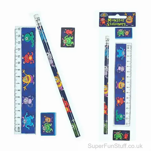 Monster 4 Piece Stationery Set - Eraser, Pencil, Ruler & Sharpener | Kids Back To School Gift