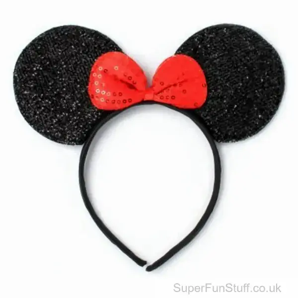 Mouse Ears Headband - Black Glitter & Red Bow | Girls Fancy Dress