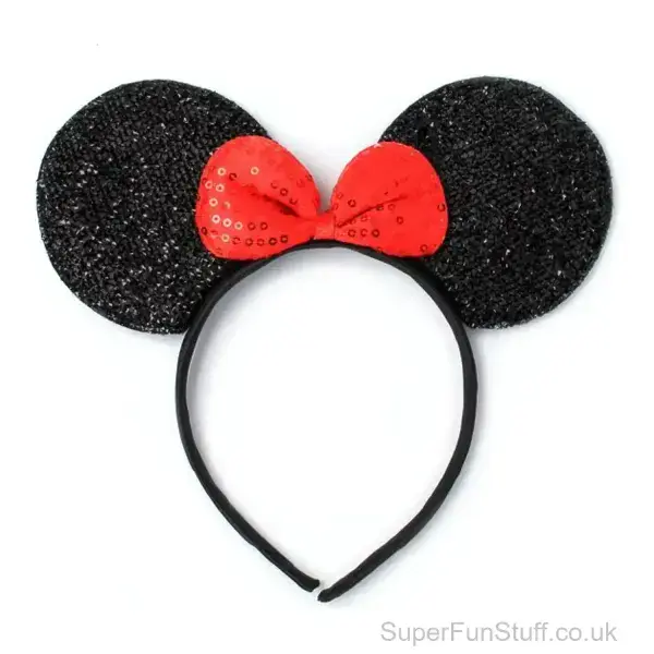 Mouse Ears Headband - Black Glitter & Red Bow | Girls Fancy Dress